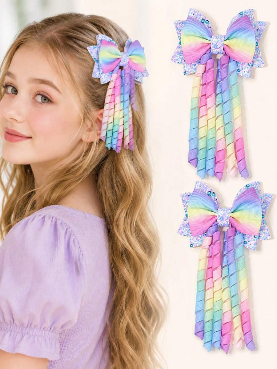 2pcs Dopamine Ombre Curly Hair Clips For Girls,Elegant Bows Headdress For Daily,Sparkling Party Star Barrettes,Fashionable Girly Hair Accessories