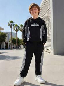 Tween Boy Autumn/Winter 2 Pieces Set, Side Patchwork Long Sleeve Top With Matching Cuffed Sweatpants, Logo Print Top And Bottom, Cool Casual Outfit - Black - View 3