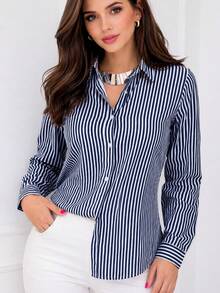 Polyester Dress Shirt With Buttons Down The Front, Striped Dress Shirt, Everyday Summer Style. - 藏蓝色 - 查看 1