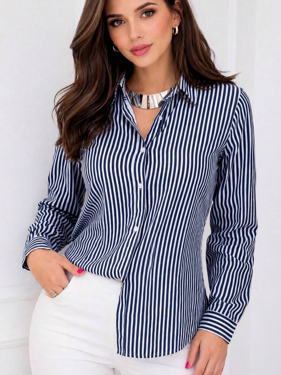 Polyester Dress Shirt With Buttons Down The Front, Striped Dress Shirt, Everyday Summer Style. - 藏蓝色 - 查看 1