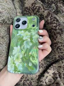 1pc Fresh Green Swirl Oil Painting White Azalea Flower Print Phone Case, Iridescent Semi-Transparent Anti-Yellow Shockproof Soft TPU Cover, Cottagecore Aesthetic Gift For Girls, Compatible With IPhone11,12,13,14,15,16,17,17 Pro,17 Pro Max - Multicolor - View 4