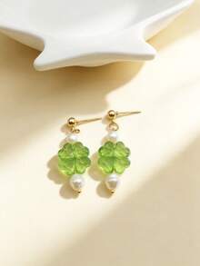 1 Pair Light Green Four-Leaf Clover Pearl Drop Earrings, Elegant Women's Dangle Earrings, Soft Girl Style Spring/Summer Wedding Jewelry - Green - View 3