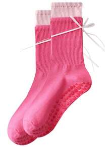1 Pair Women's Pilates Yoga Socks, Silicone Non-Slip Sports Floor Socks, Faux Double Layer Design, Ballet Style With Bow And Ribbon Mid-Calf Socks - Multicolor - View 13