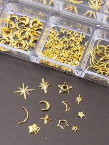 12格金色金屬鉚釘釘飾 混合愛心框 月亮星星 3D DIY 美甲裝飾飾品 日式風格美甲配件 - 金色 - 查看 2