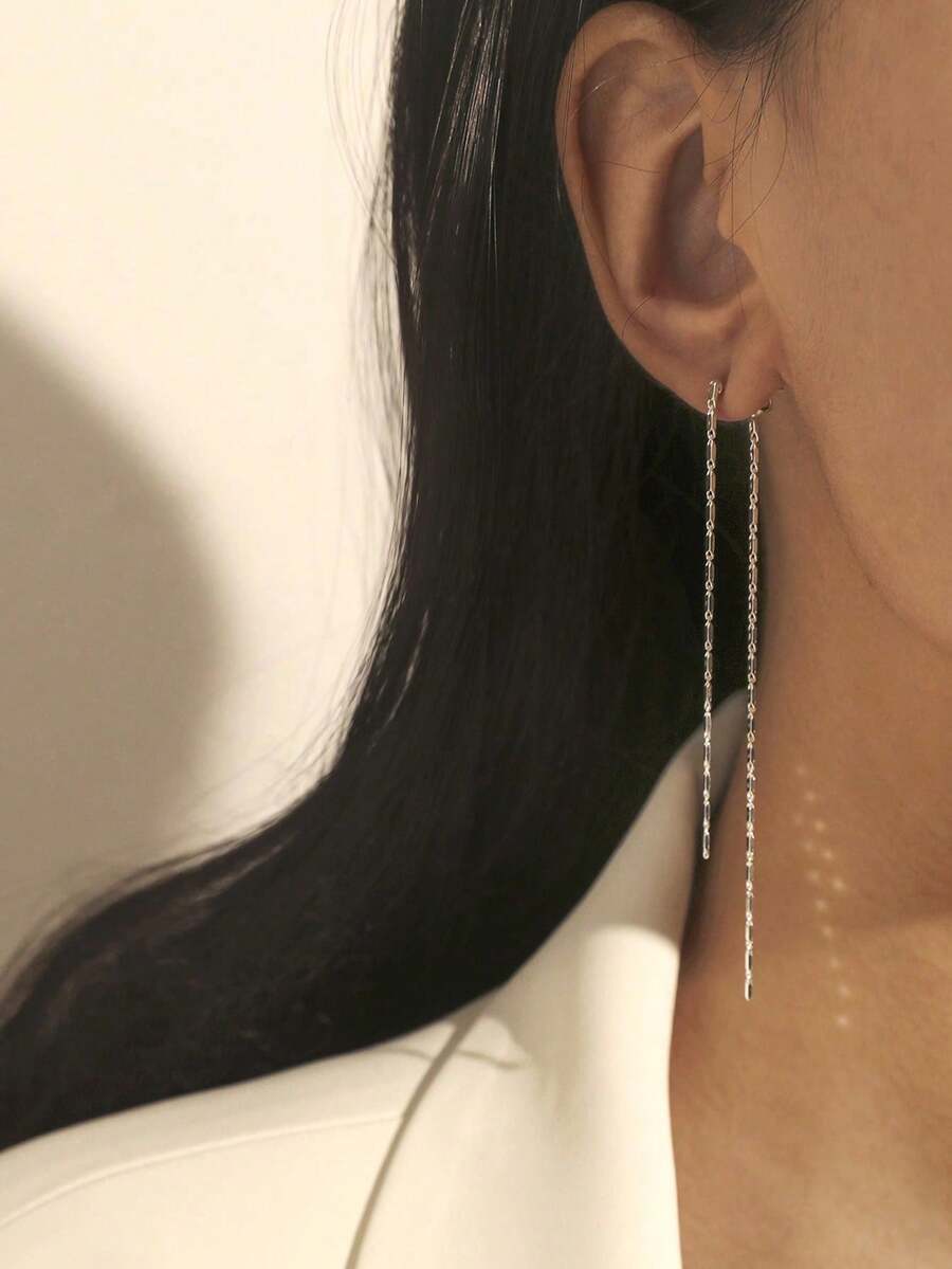 2件組鏈條裝飾吊墜耳環,極簡長流蘇鏈條金色女款耳環,適合日常通勤與約會穿搭 - 銀色 - 查看 1