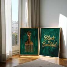 2pcs Emerald Green & Gold African Culture Canvas Wall Art, Featuring Gold Fist African Comb Sculpture And "Black Is Beautiful" Calligraphy Text, Thick Textured Oil Painting Style, Suitable For Living Room, Salon And Home Interior Meaningful Cultural Wall Decor - A - View 2