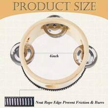 4 Inch Natural Wood Single-Row Hand Tambourine, Tight Drumhead With Crisp Tone, Metal Bells With Clear Sound, Suitable For Early Education, Dance Rehearsal, Stage Performance, Team Building Activity Atmosphere Prop, Practical And Versatile - Wood Color - View 5