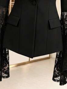 Women's Elegant Autumn/Winter Commute Daily Solid Color Lace Patchwork Asymmetric Ruffle Sleeve Slim Fit Single-Breasted One-Button Long Sleeve Blazer Jacket With Lining - Black - View 5