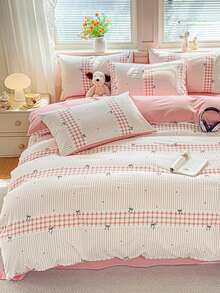 4pcs Striped Bow Duvet Cover Set, Breathable, Back To School, Dorm/Bedroom Bed Decor, (Includes 1 Duvet Cover + 1 Bed Sheet + 2 Pillowcases), Duvet Insert And Pillow Insert Not Included, Pillowcase Pattern Randomly Cut - Pink - View 3