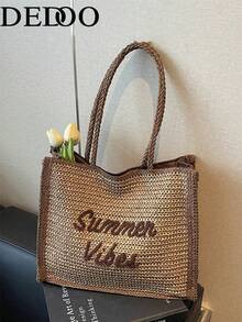 Dedoo 新款字母刺繡編織包，海灘度假時尚女款肩背托特通勤包 - 卡其色 - 查看 7