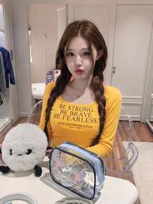 Kaos Lengan Panjang Leher U Gaya Amerika untuk Gadis Seksi dengan Lapisan Dalam dan Pinggang Pas, Warna Kuning - Kuning - View 6