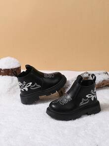 1 Pair Girls' Chinese Style Embroidered Chelsea Ankle Boots, Autumn/Winter New Side Zipper Thick Sole Boots - Black - View 6