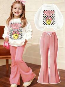 Young Girl Cartoon Face Pattern Crew Neck Sweatshirt And Flare Pants Casual Set - Pink - View 1