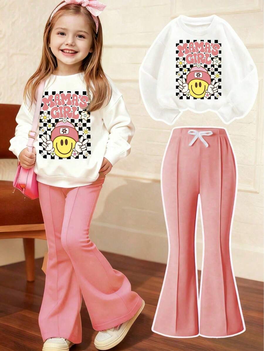 Young Girl Cartoon Face Pattern Crew Neck Sweatshirt And Flare Pants Casual Set - Pink - View 1