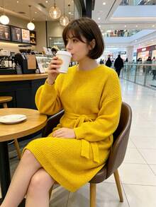 Plus Size Autumn/Winter New Daily Streetwear Solid Color Soft Slim Fit Mid-Length Tie Waist Knit Sweater Dress - Yellow - View 3