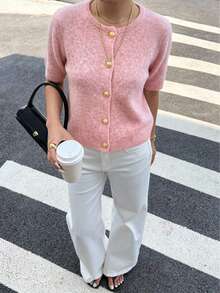 1 buah Sweater Kardigan Lengan Pendek Warna Polos dengan Kancing Logam untuk Wanita, Sweater Rajut Kasual Serbaguna - Baby Pink - View 9