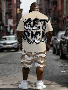 Men's 2-Piece Outfit, Plus Size, Men's Shorts, Men's Patterned Shirt, Streetwear "Hip Hop Men, Beige + Khaki Camouflage" Pattern Sports Set - Polyester Fabric, Drawstring, Pockets, Suitable For Plus Size - Beige - View 3