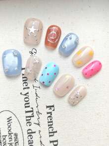 10pcs Medium Oval Handmade Nail Art Stickers Set, Pink, Blue, Green, Sweet And Cute, Star, Candy, Glitter Decoration, Suitable For Girls Daily, Office, School, Date, Party, Dance, Valentine's Day And Other Occasions - Multicolor - View 2