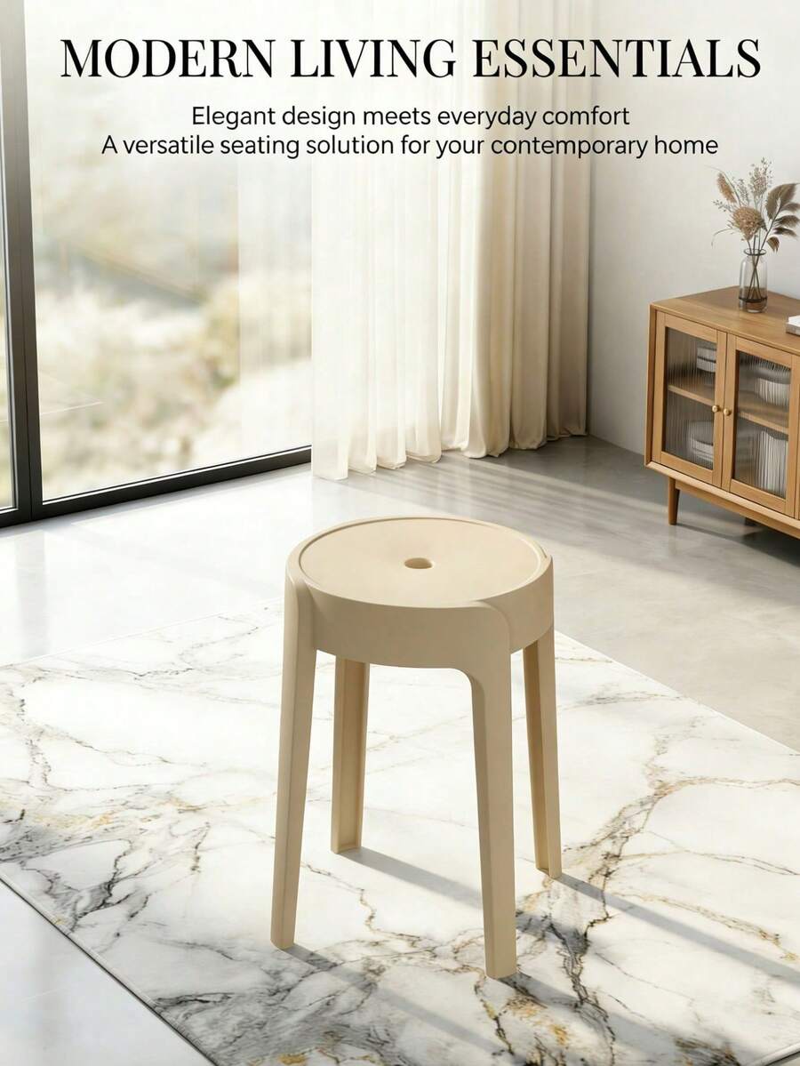 1 Nordic-Style Plastic Round Stool, Stackable For Home Use, Thickened Non-Slip Four-Legged Dining Chair. - Beige - View 1