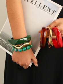 3pcs Set Elegant Minimalist Dark Green Asymmetrical Resin Bracelet Set, Suitable For Personalized Outfit - Dark Green - View 3
