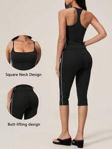 TimeOff Conjunto deportivo para mujer de 1 pieza con top de tirantes finos de cuello cuadrado, espalda nadadora, diseño colorblock con rayas blancas laterales y shorts de cintura media con control de abdomen de largo 7/8 - Blanco y Negro - Ver 1