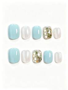 10 pièces Vernis à ongles bleu menthe œil de chat pailleté. Pièce d'art pour ongles courte et ronde, faite à la main, détachable, avec paillettes diamant et sequins blanc crème doux et aurore. Faux ongles de style court doux, simple, décontracté et professionnel, avec de grands sequins jaune-vert. Ongles à presser faits à la main - Multicolore - Voir 1