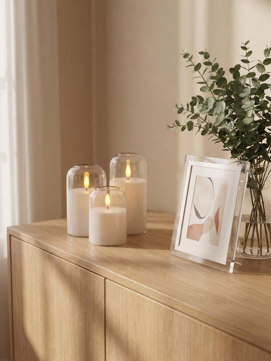 3pcs White Curved Transparent Acrylic Flameless LED Candles, And Worry-Free With No Fire Hazard, Flickering LED Candles, Durable, Battery Powered, Timer/Remote Control Function, Suitable For Decorating Dining Table, Party, Wedding And Holiday Atmosphere - White - View 1