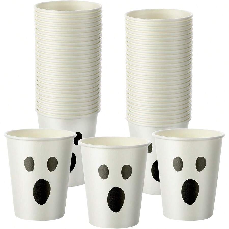 10pcs/30pcs/50pcs Halloween White Ghost Face Paper Cups (9oz) Horror Theme Paper Cups, Suitable For Hot Or Cold Drinks, Perfect For Halloween Parties, Day Of The Dead Celebrations And Birthday Parties To Serve Coffee, Juice Or Snacks - Multicolor - View 1