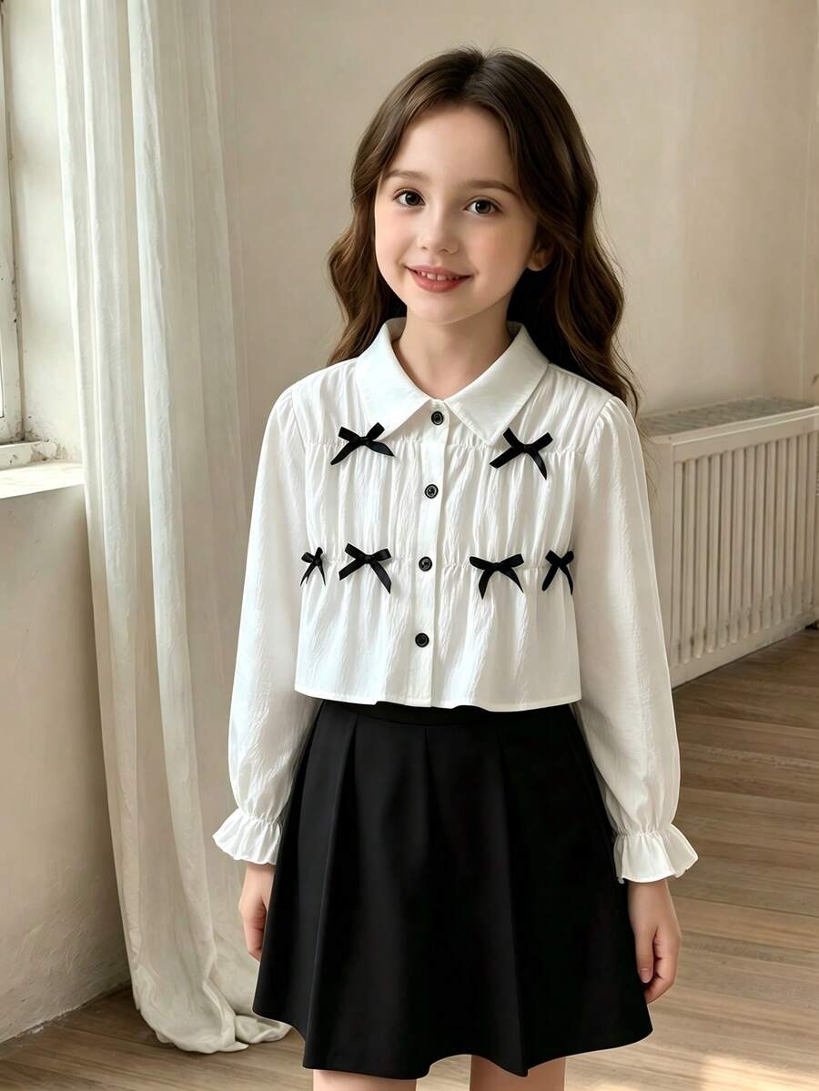 Blus Anak Perempuan Gaya Prancis Manis dengan Hiasan Pita, Lengan Pendek Mengembang, Lengan Panjang, Kerah Kecil, Kancing Putih, Kasual Sehari-hari Musim Semi/Gugur - Putih - View 1