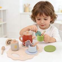 1 Set Children's Wooden Simulation Afternoon Tea Pot & Cup Tea Set, Pretend Play Tea Party Wooden Kitchen Toy - Multicolor - View 7