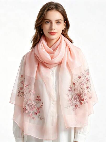 Elegant Pink Heavy Embroidery Sheer Scarf, Breathable Windproof Shawl, Women's Daily Multi-Purpose Hijab/Cheongsam Shawl