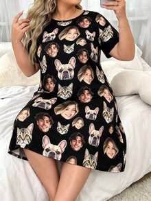 1pc Plus Size Customized Pet Dog/Cat Face Photo Pajama Set, Women's Nightgown Loungewear Personalized Night Dress Gift - Multicolor - View 2