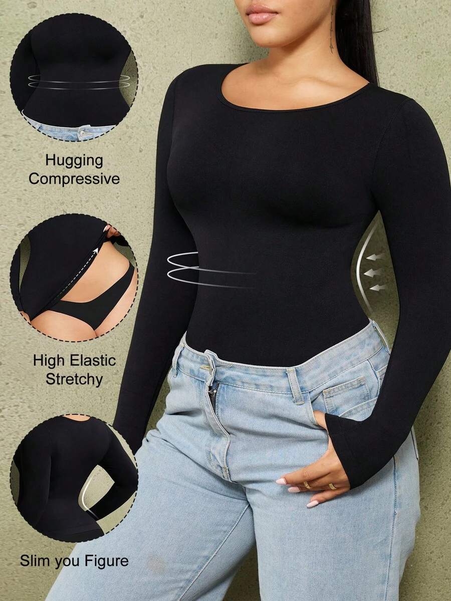 PAUKEE Plus Size Women's Shaping Long Sleeve Top, Tummy Control, Waist Shaping, Seamless Design Sports Bras, Lingerie For Women Plus Size, Lounge Sets For Women, Corset Tops For Women - Black - View 1