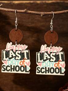 1 par de pendientes de madera vintage bohemios con letras creativas personalizadas, accesorios de moda para la temporada de graduación - Multicolor - Ver 1