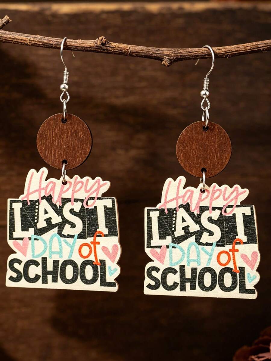 1 par de pendientes de madera vintage bohemios con letras creativas personalizadas, accesorios de moda para la temporada de graduación - Multicolor - Ver 1