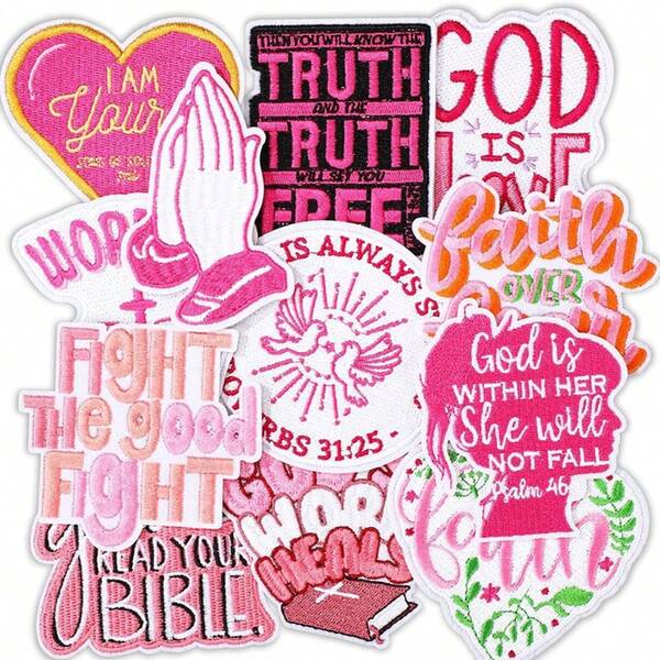 12 Peças Patches Termocolantes Cristãos com Versículos da Bíblia em Rosa, Conjunto de Bordados com Frases Religiosas de Jesus, Patches Cristãos para Costurar em Roupas, Uniformes, Bonés de Caminhoneiro, Jaquetas, Denim, Mochilas, Decorações DIY