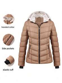 Jaket Kasual Musim Gugur/Dingin Wanita Giolshon dengan Kantong Resleting dan Tudung - Coffee Brown - View 7