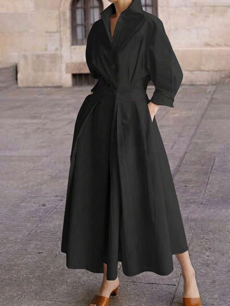 Vestido Camisero Minimalista con Cintura Ceñida, con Diseño de Cuello y Pechera Simple, Mangas 3/4 y Falda Midi en Forma de A. Elegante y Chic sin Esfuerzo para el Trabajo, Negocios Ligeros y Uso Diario. Negro Elegante - Negro - Ver 1