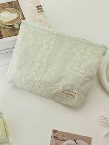 3D Floral Embroidery Storage Bag, 3 Colors Available, Gentle Floral Pattern, Fabric Material, Large Capacity, Multi-Functional, Lightweight, Convenient, For Skincare, Makeup, Digital Products And Small Items - Multicolor - View 9