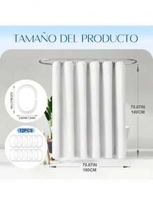 Cortinas para baño, resistente al moho y al agua, lavable, incluye 12 ganchos, apta para bañeras y cuartos de ducha, tamaño 180 cm x 180 cm (disponible en blanco y negro) - Blanco - Ver 3