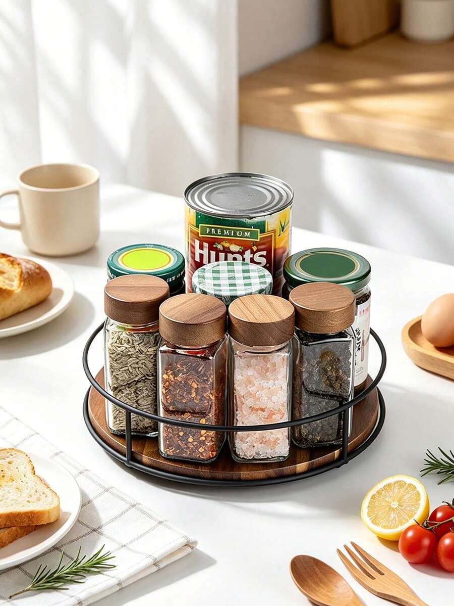 Rotating Round Wooden Storage Rack, Suitable For Desktop And Cabinet Organization, Ideal For Kitchen, Bathroom And Home Decor, With 360° Rotating Turntable Storage Rack, Suitable For Displaying Bottles, Cans And Small Items - View 1