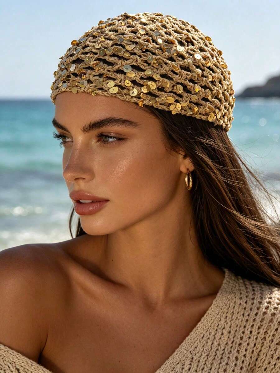 1pc Women's Spring/Summer Thin Hollow-Out Sequin Decor Handmade Crochet Knit Hat, Suitable For Spring/Summer/Autumn Daily Outdoor Wear, Random Sequin Color - Hollow Sequins - View 1