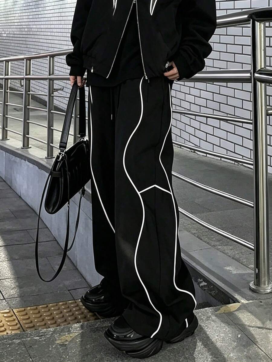 Pantalones casuales con bloques de color para hombre, otoño/invierno - Negro - Ver 1