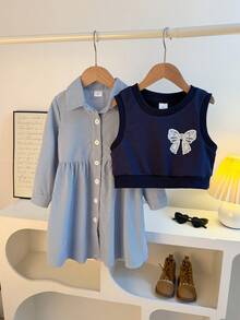2pcs/Set Rok A-Line Lengan Panjang Berkerah Garis Halus dengan Pita Renda dan Pita Renda untuk Anak Perempuan & Rompi Pendek, Cocok untuk Perjalanan Sekolah/Pesta, Musim Semi/Gugur - Royal Blue - View 3