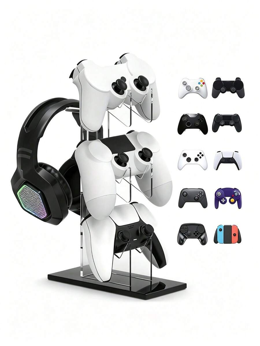 Universal Game Controller & Headphone Stand 3-In-1 Game Controller Holder Space-Saving Desktop Organizer Headphone Storage Rack For Hardcore Gamers Casual Users Setup Storage Shelf Desk Accessories Game Accessory Gaming Room Decor