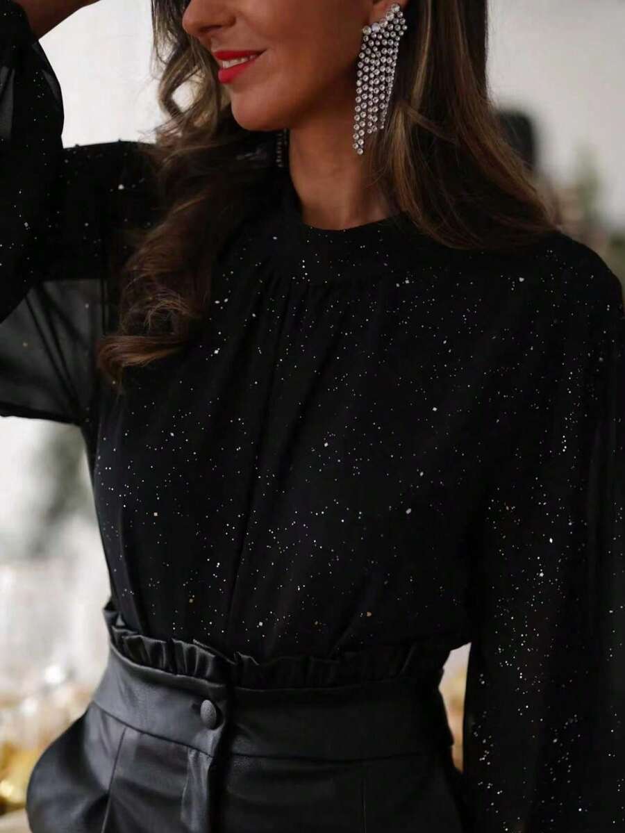 Elegant Sheer High Neck Lantern Sleeve Blouse With Subtle Glitter, Evening Style - Black - View 1