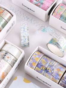 5 Rolls Of Boxed Floral Pattern Handbook Tape, Transparent Waterproof PET Tape, Personalized Fresh Student Handmade DIY Scrapbook Decoration Material Tape,Back To School,School Supplies - Sets - View 5