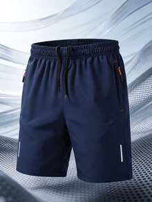 Men's High-Performance Casual Loose Quick-Dry Solid Color Sports Shorts, With Reflective Strip Design, Pockets, Zipper And Waist Drawstring - Royal Blue - View 4