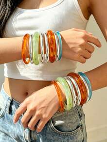 8pcs/4pcs Women's Bracelet Set, Vintage Fashion Elegant Minimalist Daily Basic Old Money Style Blue Brown Green Resin Marbled Plain Bangle, Silver Polished Metal Bangle, Stackable Jewelry, Y2K Multi-Piece Set, Suitable For Women Summer Beach Vacation Party Date Daily Wear, Versatile Accessory, Gift For Girls - Multicolor - View 2