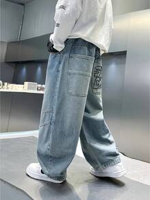 Quần jeans ống đứng thường ngày cho bé trai tuổi tween, phong cách casual, có túi và họa tiết chữ - Rửa trung bình - Xem 9